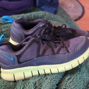 Nike Kids Purple Mesh Sneakers with Blue Swoosh and Yellow Sole
